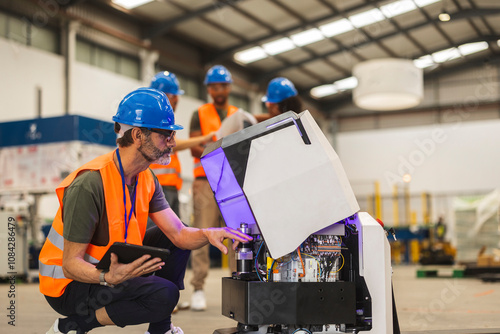 фотографія Engineers maintaining automated guided vehicle in warehouse