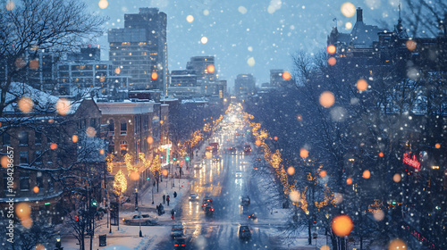 Blurred Winter Background of Snowy City Street at Twilight with Holiday Lights. photo