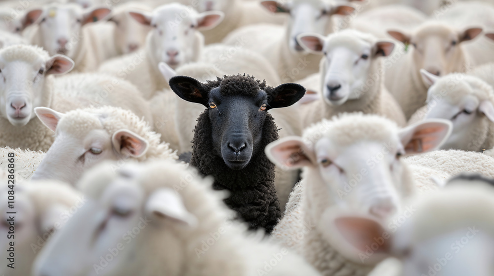 Obraz premium A black sheep among a flock of white sheep, raising head as a leader - Concept of standing out from the crowd, of being different and unique with its own identity and special skills among the others 