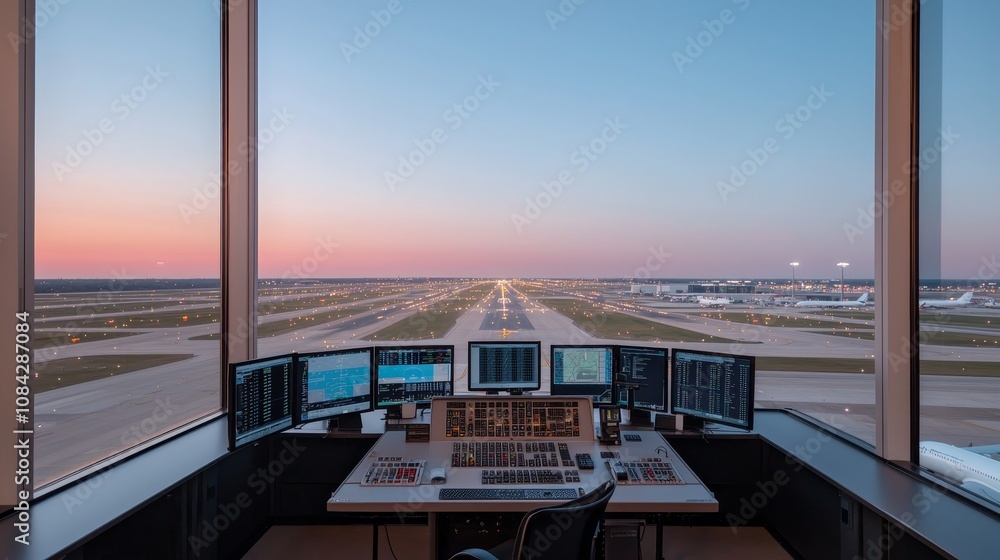 Fototapeta premium Panoramic Sunset View from Air Traffic Control Futuristic Console Overlooks Airport Operations at Dusk