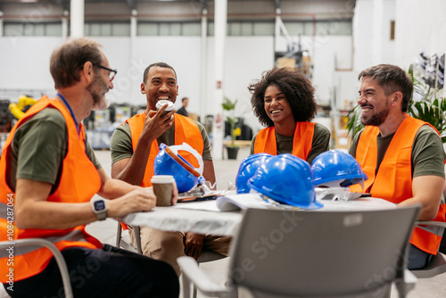 Cuadro en lienzo Multiracial engineers team having a coffee break in factory