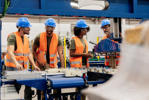 Engineers supervising automated packaging system in modern factory photo