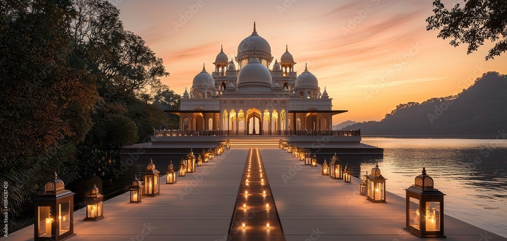 Obraz premium Romantic Sunset Mosque on Tranquil Lake Symmetrical Pathway to Elegance and Peace