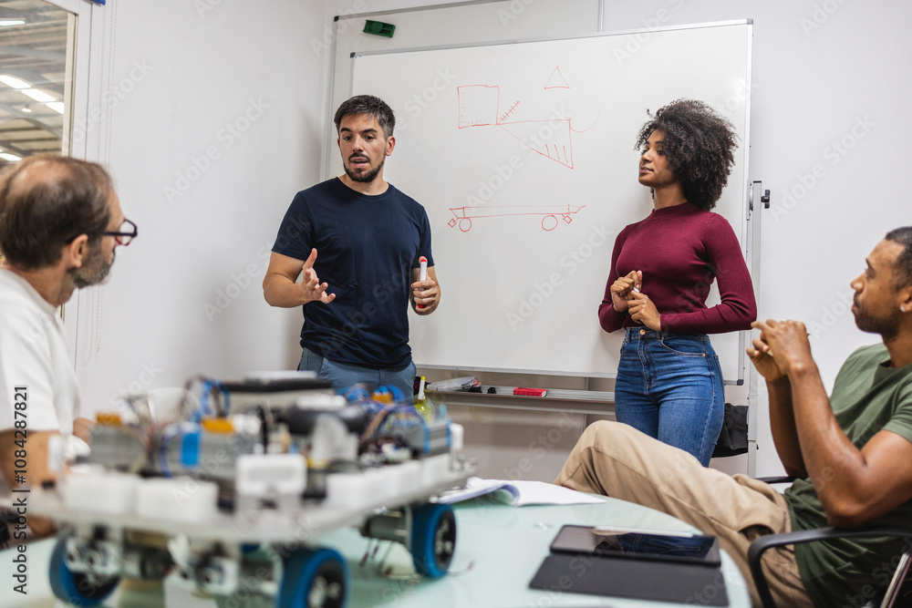 Obraz premium Robotics engineers discussing and designing in a meeting room