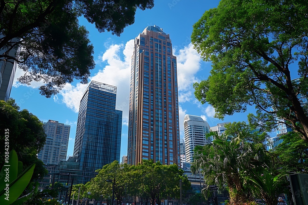 Fototapeta premium Towering Skyscrapers Overlooking Urban Park