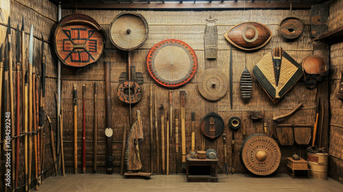 hornbill festival, nagaland. A display of traditional weapons and shields, showcasing cultural artifacts arranged on a wooden wall, reflecting historical craftsmanship and artistry. photo