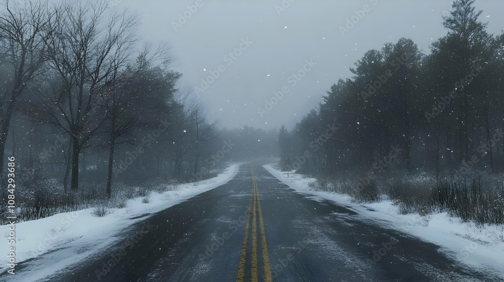 Fototapeta premium Snowy Road Through Winter Forest Illustration