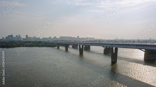 Metro Bridge and Communal Bridge. Panorama of the city of Novosibirsk. View on the river Ob. Russia, From Dron