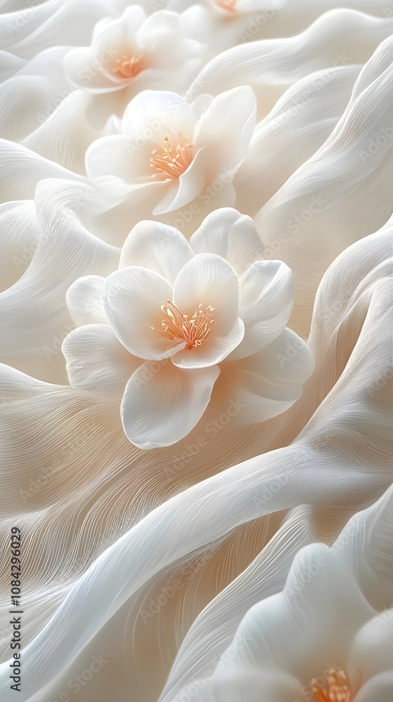 Obraz premium Delicate white flowers with intricate petals and soft orange stamen, beautifully arranged against a flowing, textured background that enhances their elegance and serenity.