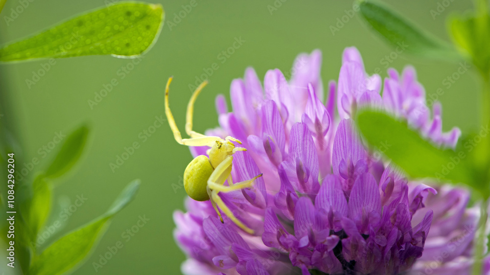Obraz premium Misumena vatia. Spider on red-clover flower. blooming meadow flower and yellow spider. on a green background. small predator on the hunt. macro nature. close-up