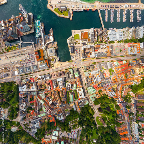 Helsingborg, Sweden. Panorama of the city in summer with port infrastructure. Oresund Strait. HEAD OVER SHOT. Aerial view