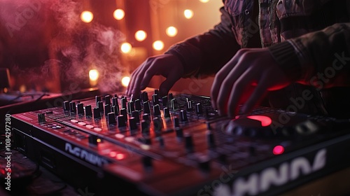 Close-up of a DJ's hands manipulating a soundboard with red lights and smoke in the background