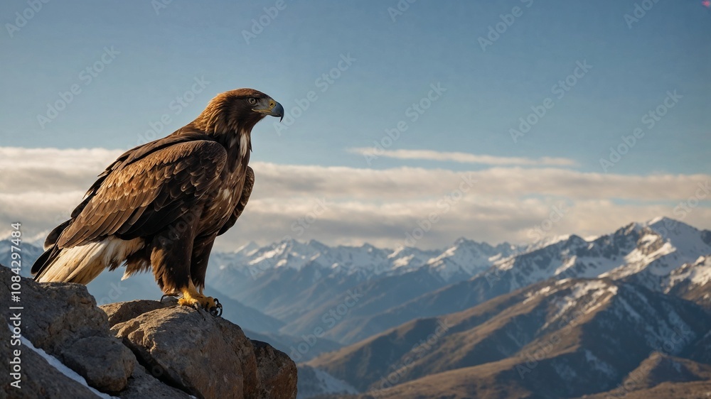 Fototapeta premium Golden Eagle Perched on Rocky Cliff Overlooking Majestic Mountain Range