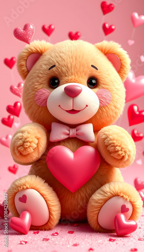 I love you Caleb - cute and sweet teddy bear on a wedding, Valentine's or just to say I love you pink celebration card, joyful, happy party style with glitter and red and pink hearts, 3d illustratio photo