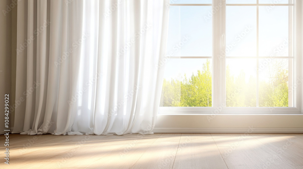 Fototapeta premium Sunlight is illuminating a room through a window with a white curtain and wooden floor