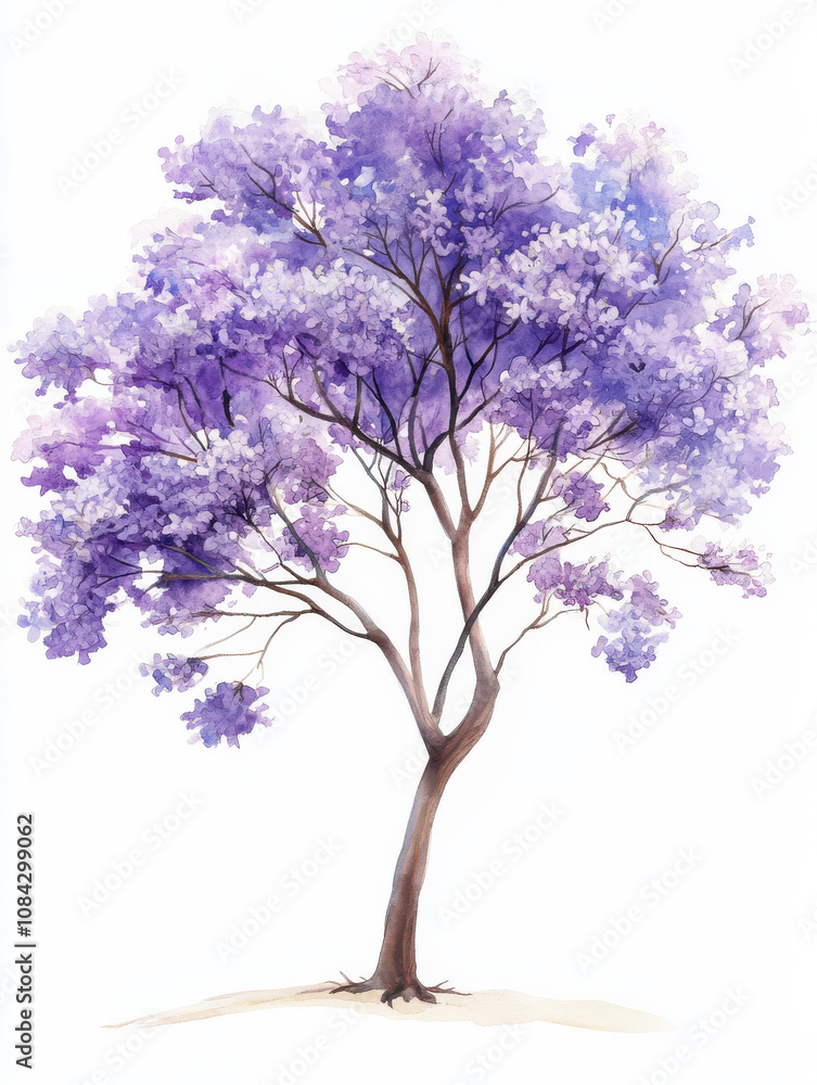 Obraz premium Watercolor illustration of jacaranda tree with vibrant purple flowers, showcasing its beauty and elegance in nature
