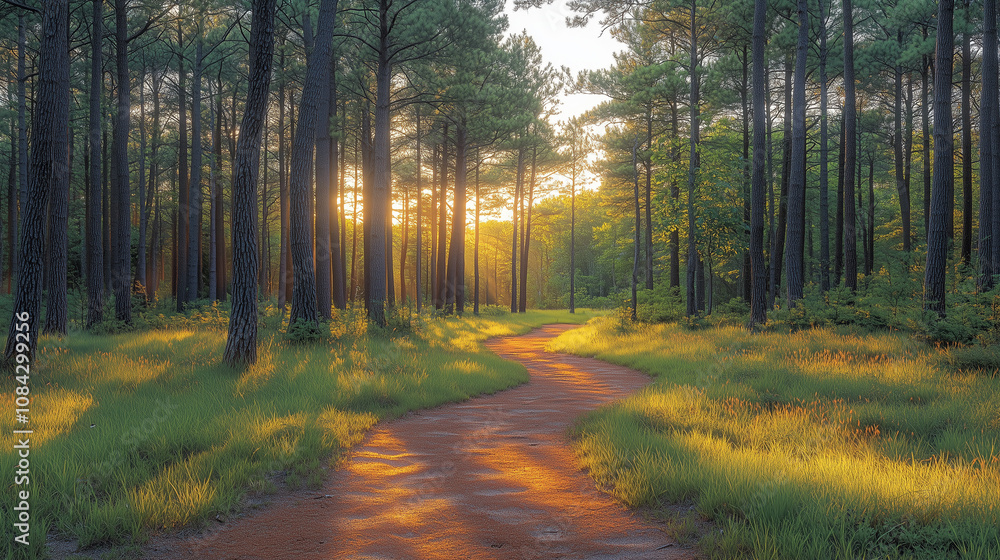 Obraz premium A quiet forest trail winding through tall trees