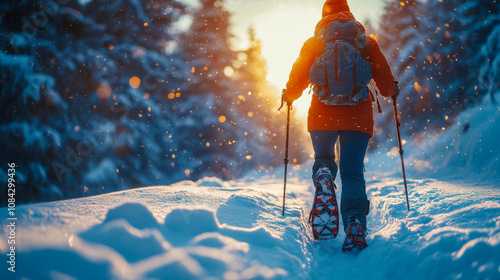 A hiker wearing winter gear snowshoeing on a snowy path at sunrise, with sparkling snow and trees in the background photo