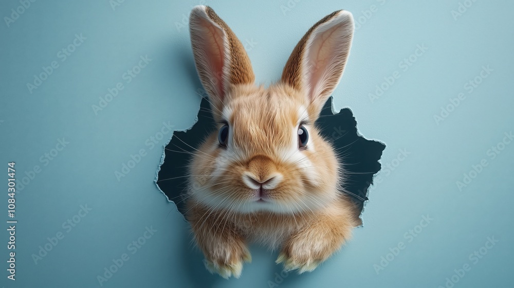 Fototapeta premium Adorable light brown rabbit emerging from a torn hole in a light blue backdrop, creating a captivating and playful scene