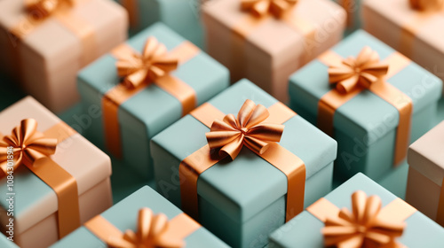 Multiple gift boxes with teal wrapping and golden bows arranged closely together in a festive pattern