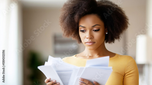 Young woman carefully reviewing paperwork, concentrating on the details of the documents in her hands photo