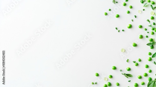 Scattered green peas and drops of juice create a vibrant display on a bright white background, showcasing fresh and healthy ingredients. Generative AI