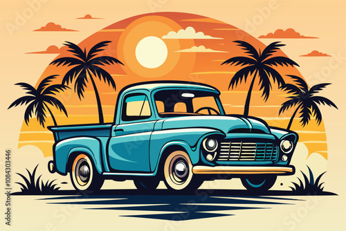 Vintage truck vector illustration in sunset tones with palm trees, perfect for retro designs