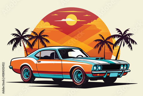 Retro vintage car poster with sunset and palm trees, vibrant colors, travel advertisement