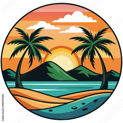 Retro tropical landscape with palm silhouettes in orange and teal, ideal vacation poster