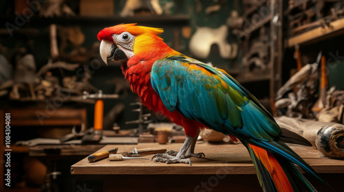 A professional taxidermy workshop showcasing the careful preservation of exotic animals like birds and reptiles, with tools and displays in the background. photo