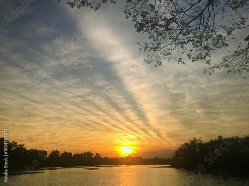 scenic view of the river with beautiful sunset sky