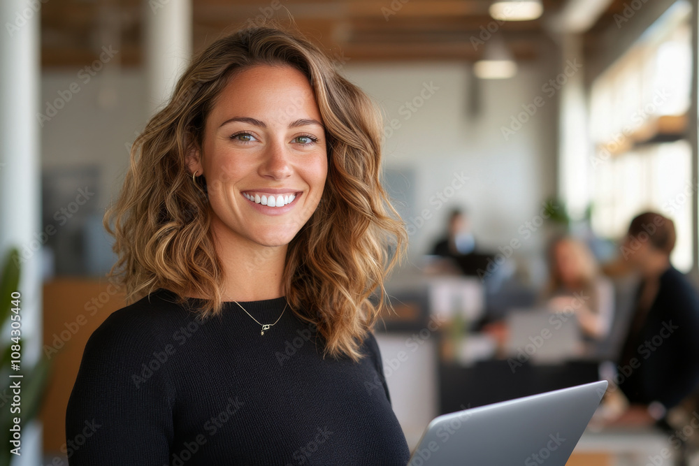 Fototapeta premium A successful woman standing in a bright office, smiling confidently with a laptop in hand, surrounded by her team.
