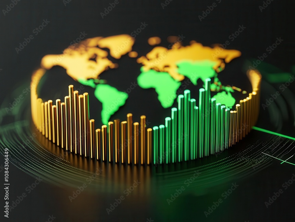 Obraz premium Risk evaluation, bar charts and geopolitical symbols, analytical environment, 3D illustration