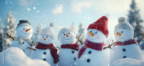 Funny snowmen standing in winter Christmas landscape. Winter background. 