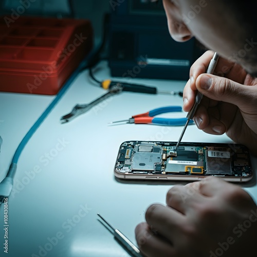 Close-up image of a technician repairing a mobile phone, with precision tools and open phone components on a white background. Hyper-realistic details highlight the repair process and focus on the int