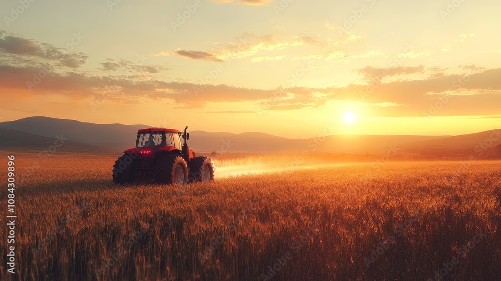 Fototapeta premium A serene landscape featuring a tractor working in a golden field during sunset, highlighting agriculture and rural life.