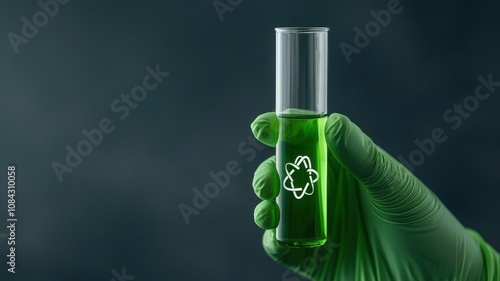 A hand holding a test tube with green liquid, showcasing environmental conservation themes. photo