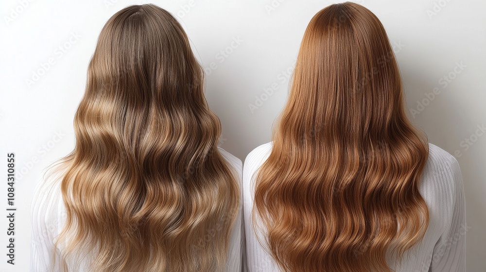 Fototapeta premium A side-by-side comparison of two hairstyles, showcasing different textures and colors, highlighting the beauty of wavy hair.