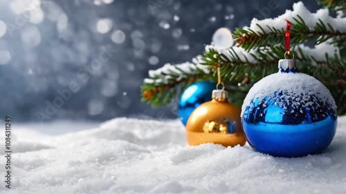 Christmas blue, golden balls on snowy background	