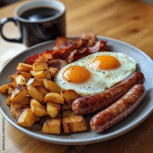 A hearty breakfast of two fried eggs, crispy bacon, sausage links, and home fries served on a gray plate with a cup of coffee in the background. photo