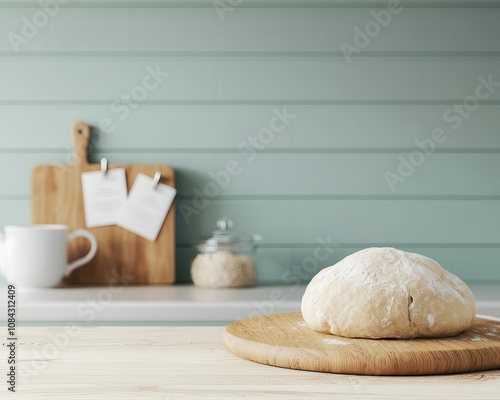 Cozy bakery counter, steaming coffee mug, dough ready to bake, recipe cards pinned up, 3D illustration photo