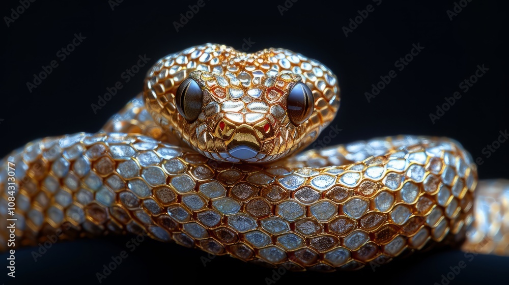 Fototapeta premium The majestic snake curls elegantly, its shimmering golden scales glistening under soft light, making it a mesmerizing focal point of nature's artistry