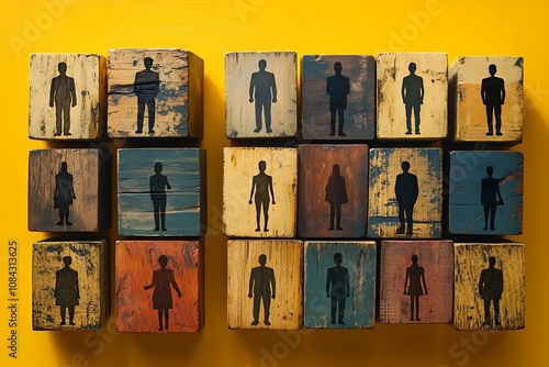 Vintage Wooden Blocks with Silhouettes of People on Yellow Background