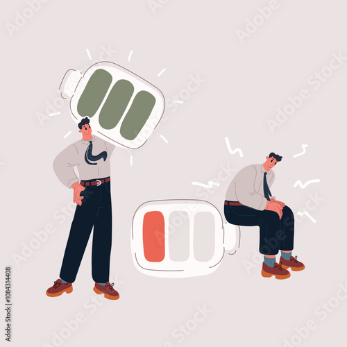 Cartoon vector illustration of two men standing and sitting on full and empty batteries, energy balance concept