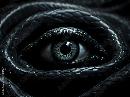 presents an enigmatic a silhouette of an eye in the middle with a lot of black snake around, black background, , while the surrounding darkness imbues the image with an air of mystery and secrets photo