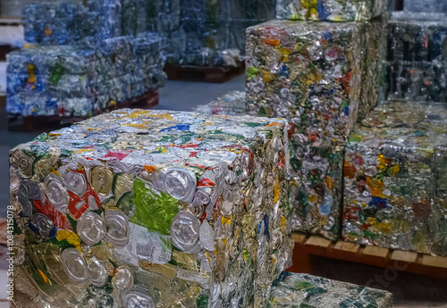 Aluminum cans compressed into rectangular blocks for recycling preparation