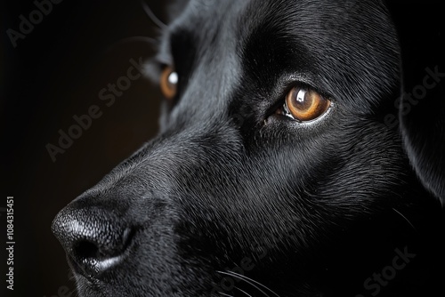 A detailed close-up shot focusing on a black dog's eyes and shiny textured fur, expressing curiosity and alertness. photo