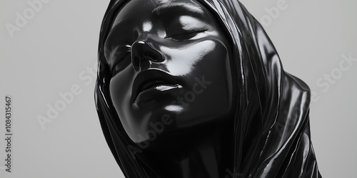 A modern abstract sculpture of a human face in glossy black, symbolizing mystery and contemporary artistic design. photo