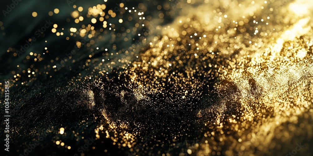 A mesmerizing view of glittering golden particles in motion, casting an alluring glow against a dark backdrop. A mesmerizing view of glittering golden particles in motion, casting an alluring glow against a dark backdrop.