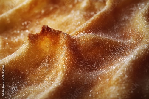 Close-up texture of a flaky golden pastry crust with sugar crystals, highlighting rich details and warm tones photo